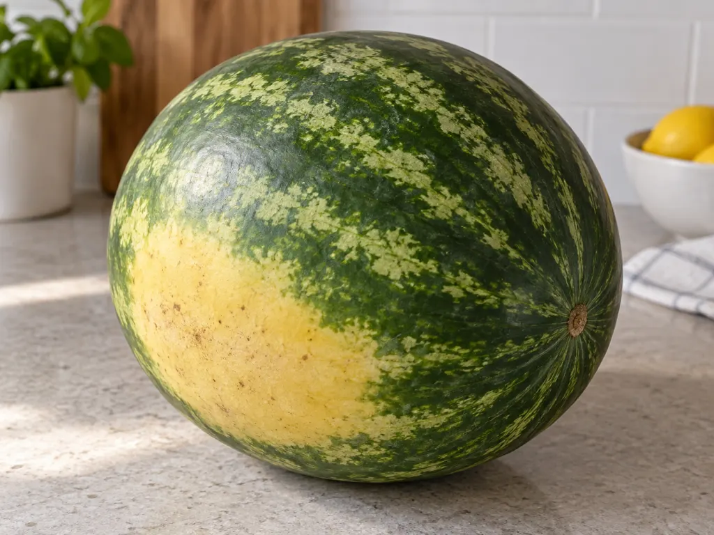 Close-up of a watermelon with a creamy yellow field spot visible on the rind