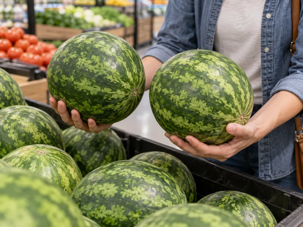 Two similar-size watermelons being compared by hand in a grocery produce bin