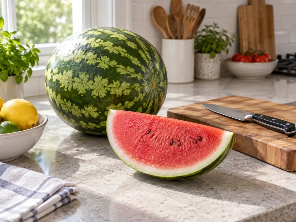 A whole watermelon beside a freshly cut red wedge on a kitchen cutting board