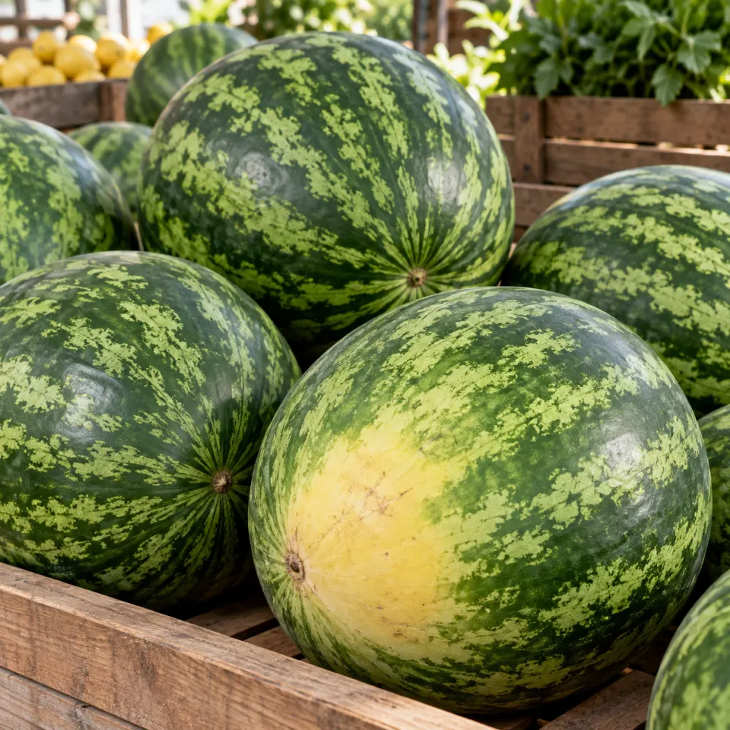 Whole watermelons in a produce display with one showing a creamy yellow field spot