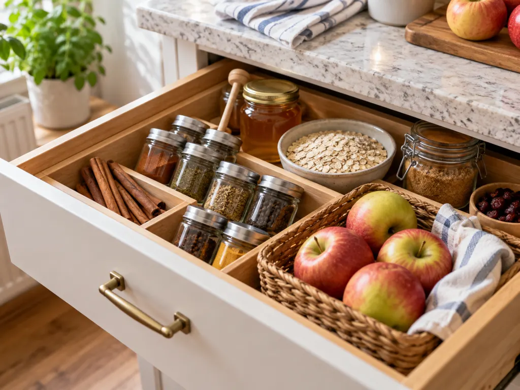 Cinnamon, honey, oats, and apples arranged in a kitchen pantry scene