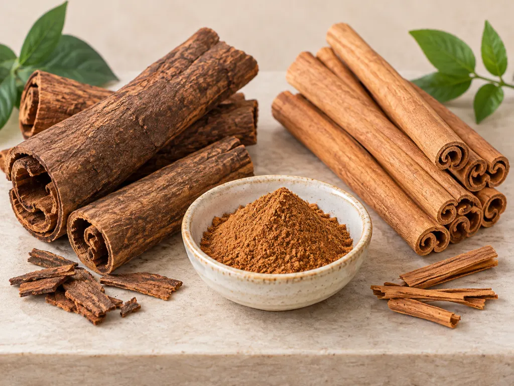 Illustration comparing different cinnamon bark types with ground cinnamon