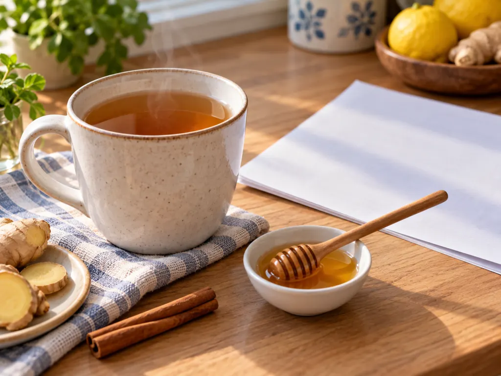 Tea with honey and cinnamon beside a quiet kitchen reading setup