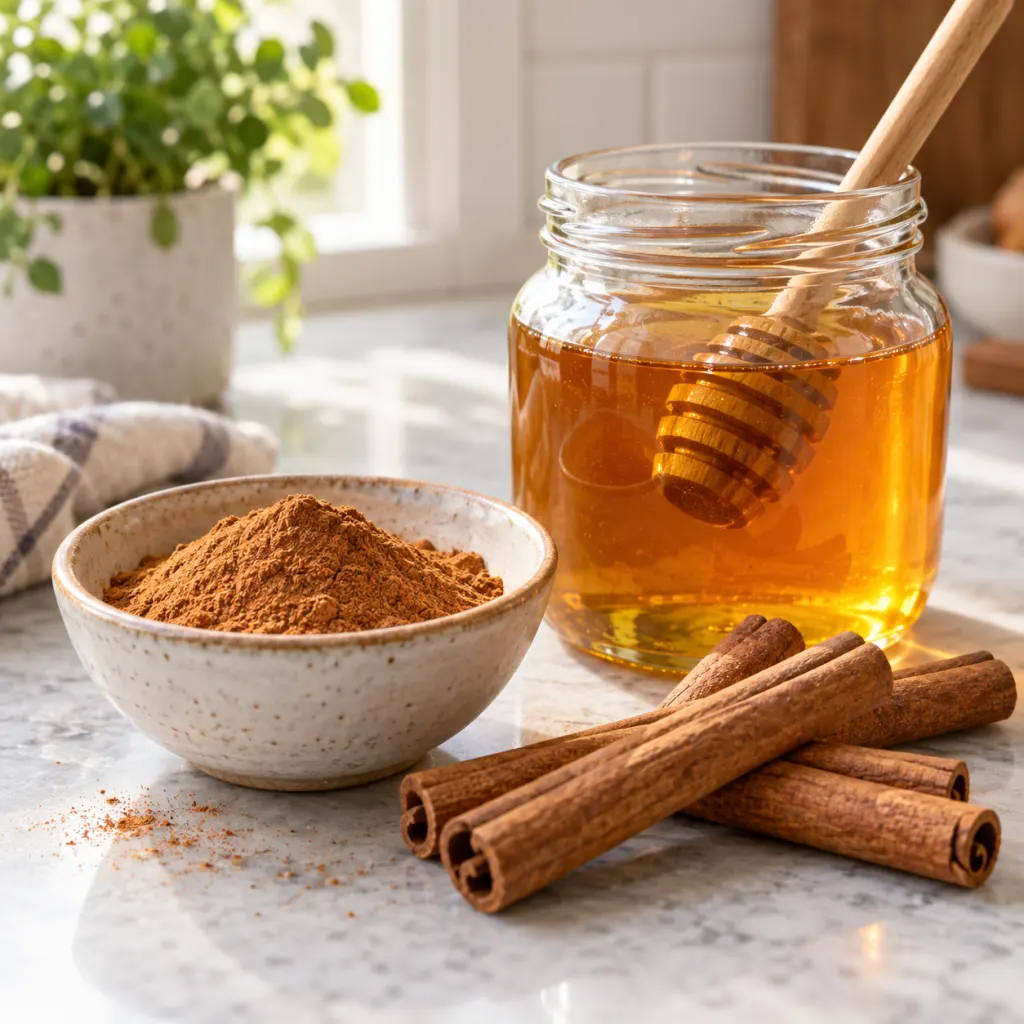 Cinnamon sticks, ground cinnamon, and a jar of honey on a kitchen counter