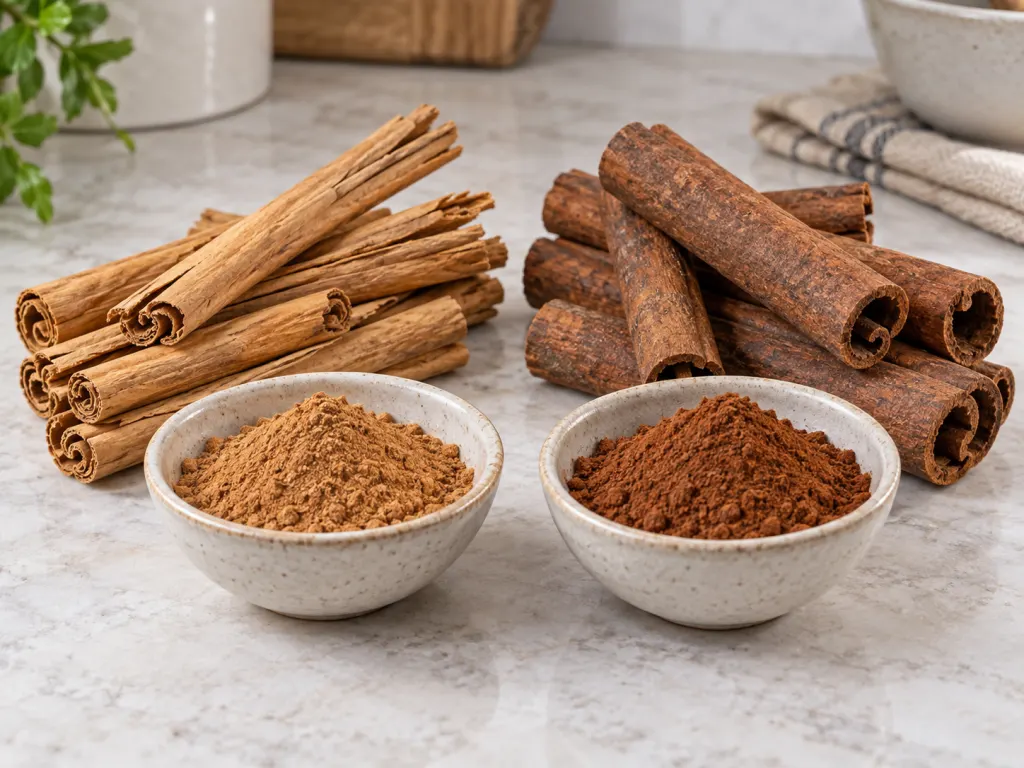 Two styles of cinnamon bark and ground cinnamon arranged in small bowls.