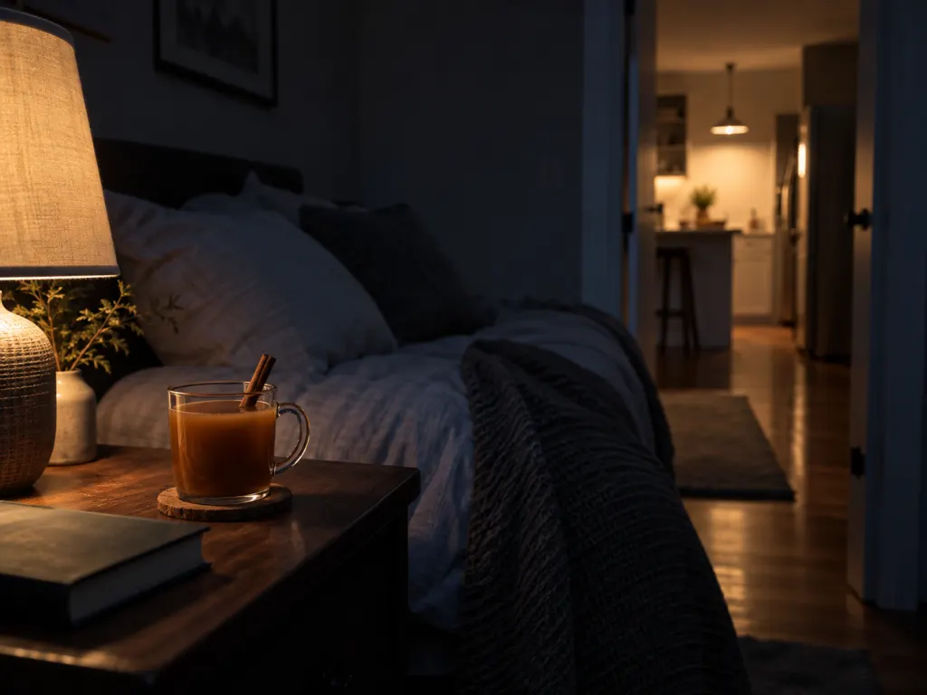A small cinnamon drink beside a lamp and closed book in a calm bedroom.