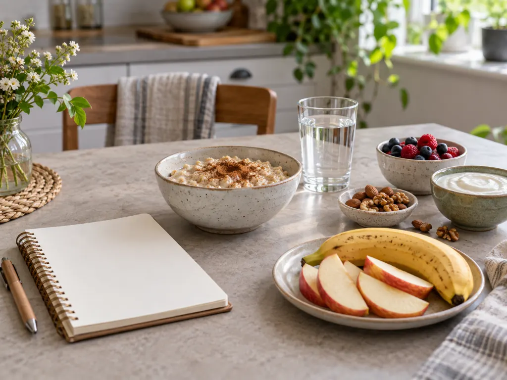 A food journal, cinnamon oats, still water, and simple foods on a kitchen table.