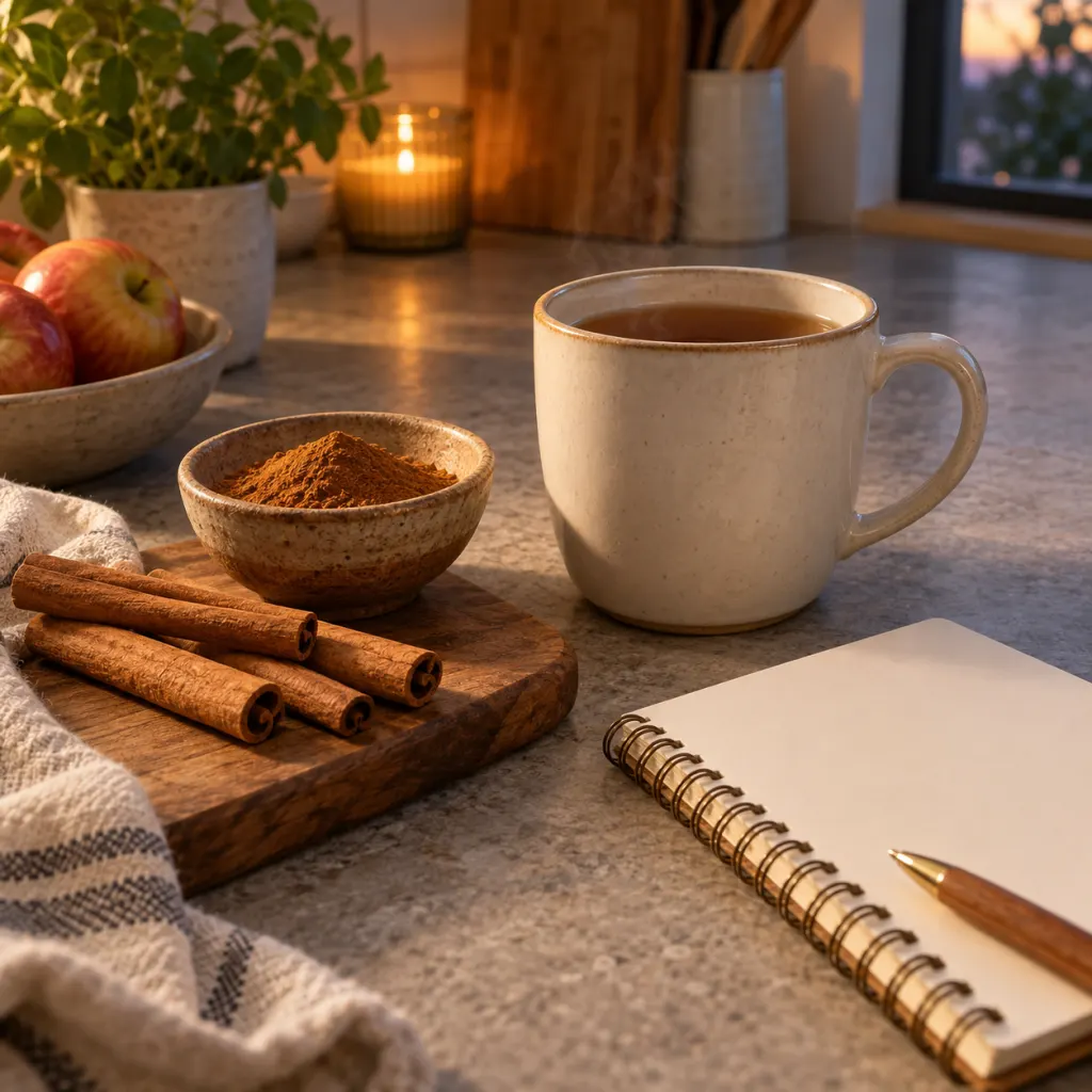 Cinnamon sticks, ground cinnamon, a warm drink, and a notebook on a kitchen counter.