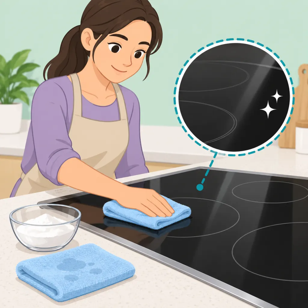 Illustration of a person gently cleaning a glass stove with a soft cloth.