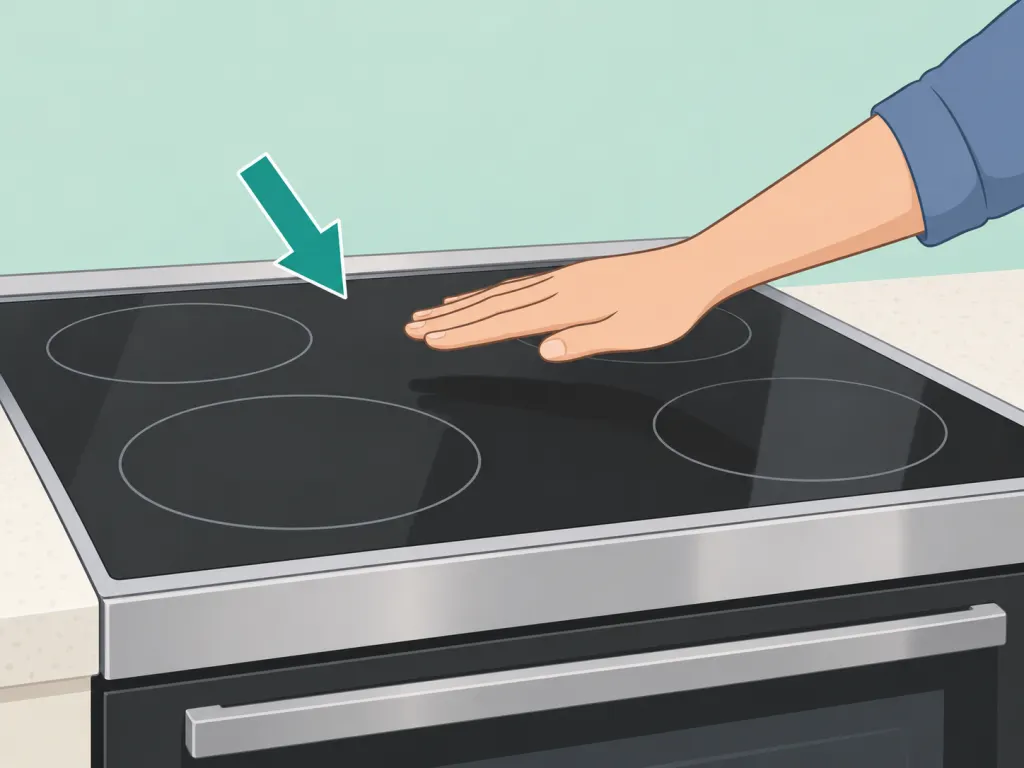 Hand checking that a glass stove is cool before cleaning.