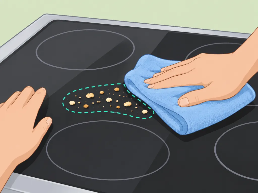 Loose crumbs being wiped from a glass stove with a dry cloth.