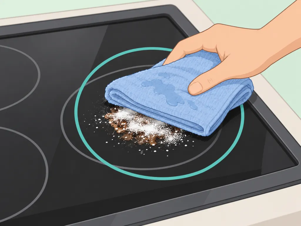 Baking soda and a damp towel softening stuck-on food on a glass stove.
