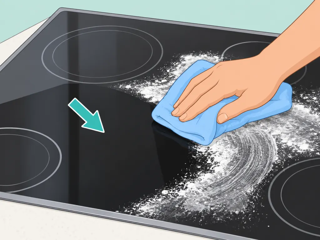 Baking soda residue being rinsed from a glass stove with a clean cloth.