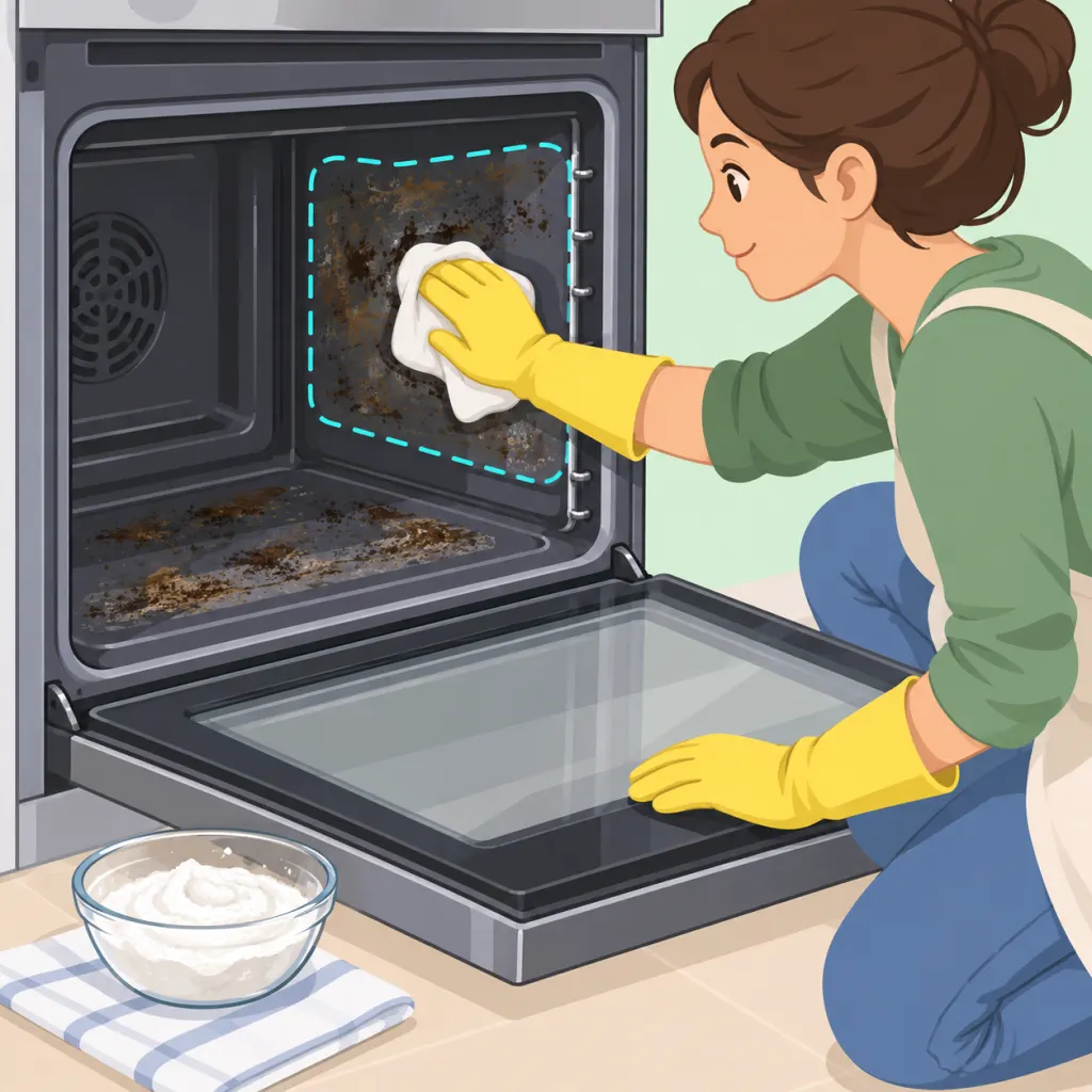 Person cleaning stains inside an open oven with gloves and a cloth.