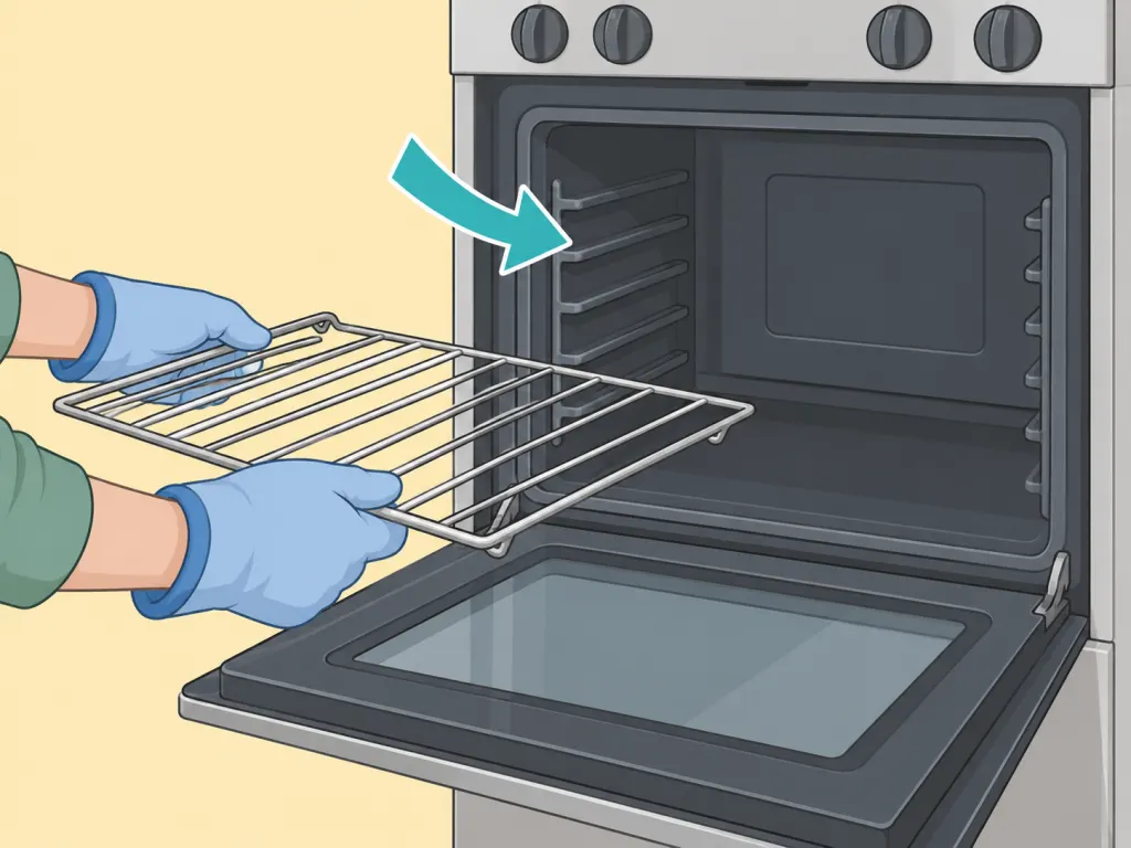 Gloved hands removing racks from a cool oven before cleaning.