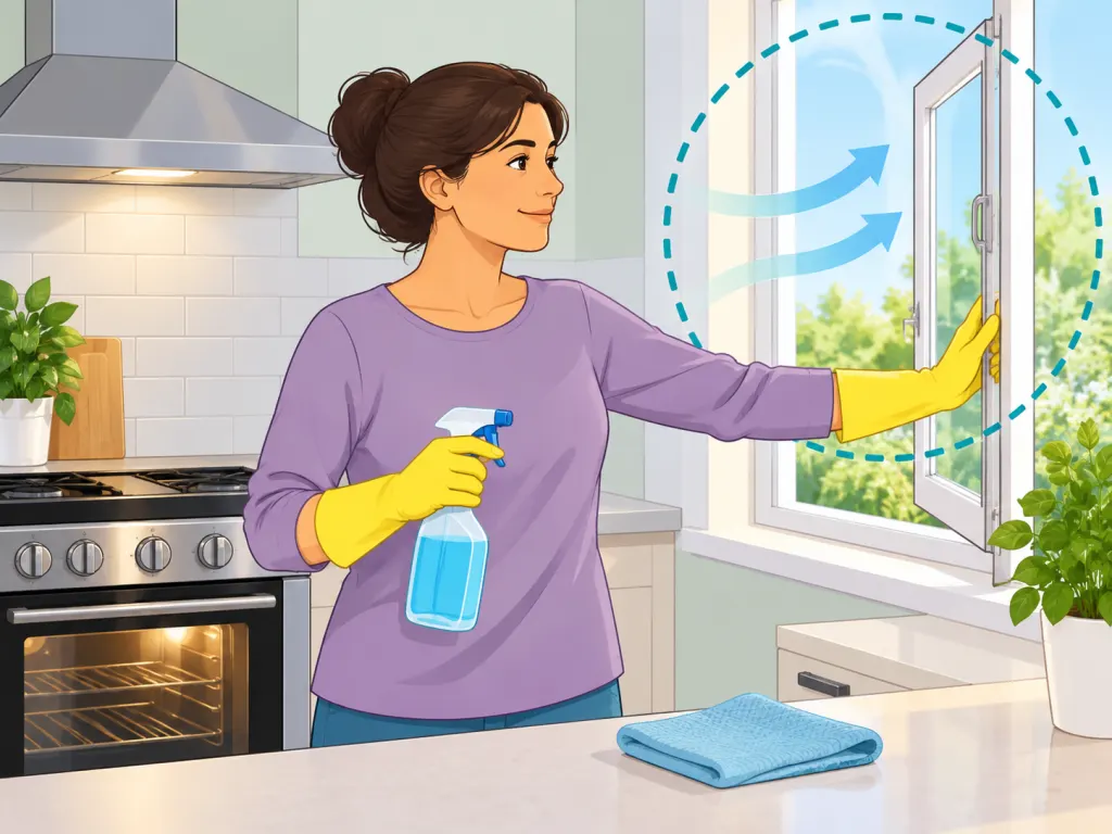 Person ventilating the kitchen before using oven cleaning products.
