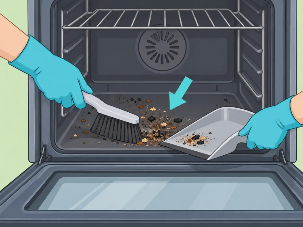 Loose crumbs and burnt bits being removed from the oven floor.