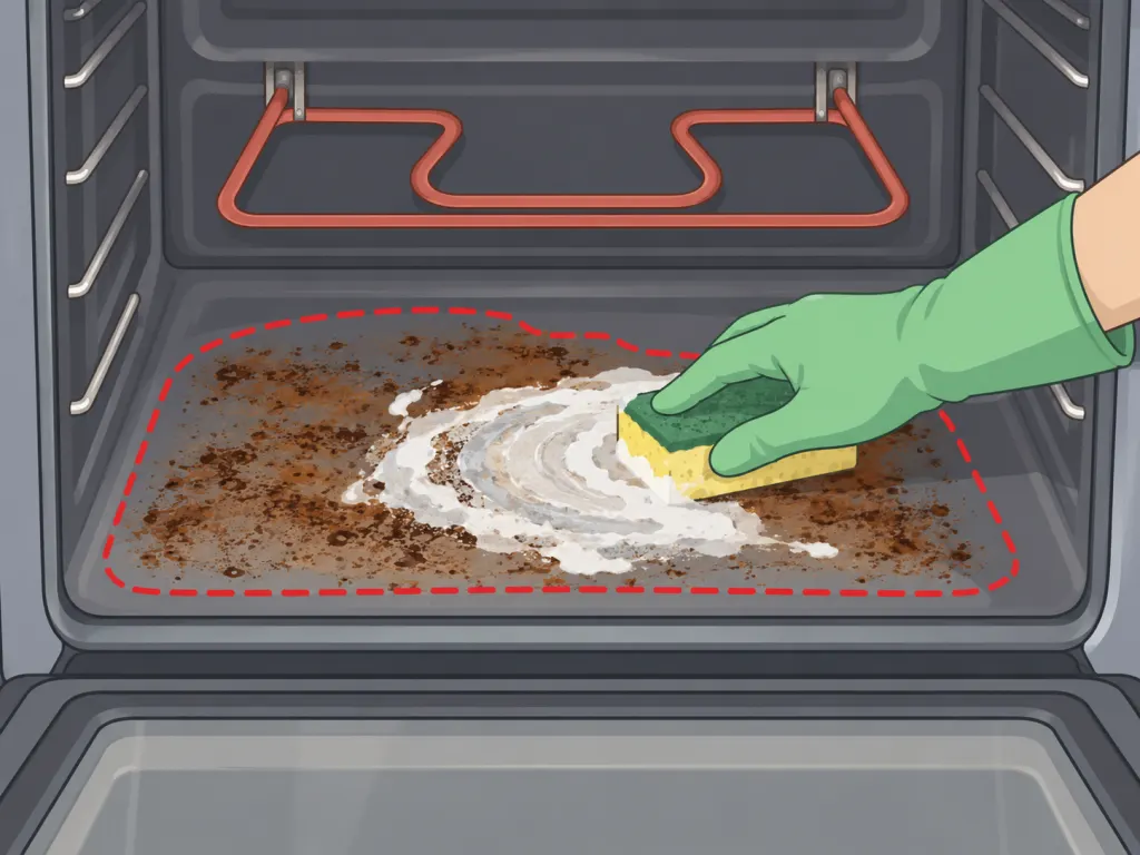 Baking soda paste being spread over stains inside an oven.