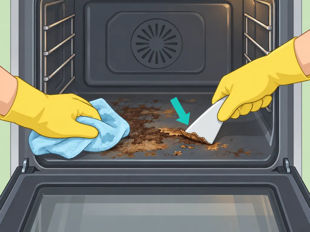 Softened oven residue being scraped gently with a plastic scraper.
