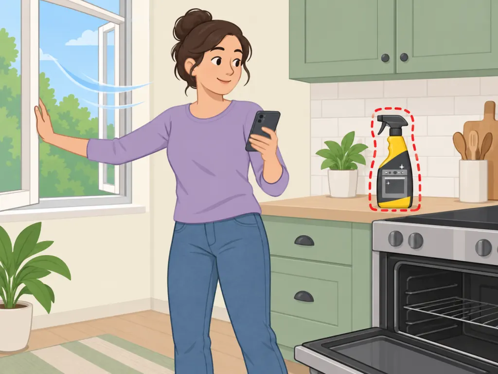 Person moving away from cleaning fumes and seeking help after exposure.