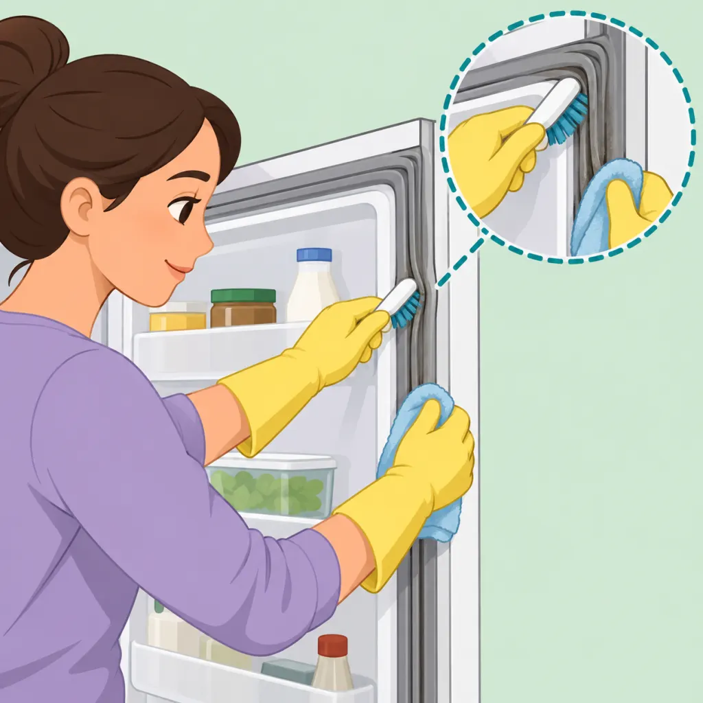 Person cleaning mold from a refrigerator door gasket with gloves and a small brush.