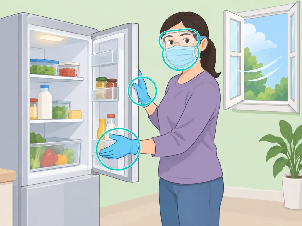 Person wearing gloves, goggles, and a mask before cleaning mold.