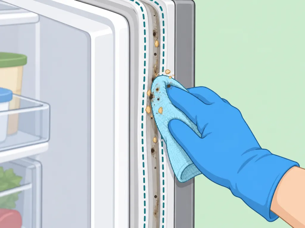 Gloved hand wiping loose grime from a refrigerator gasket.