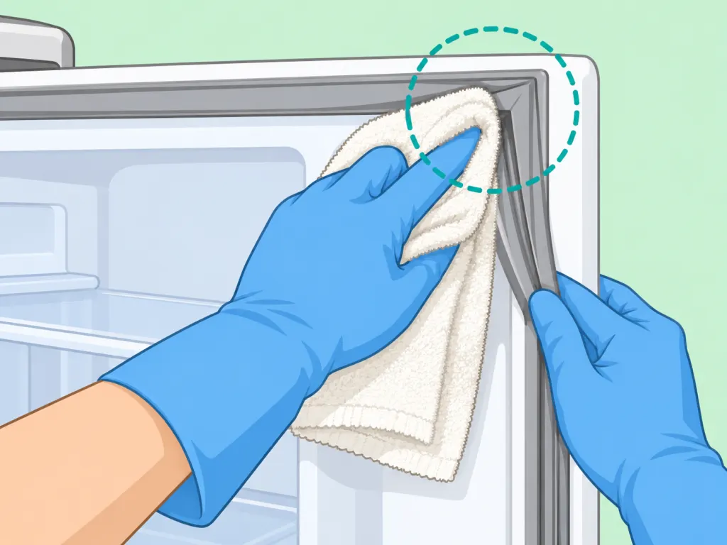 Hands drying the refrigerator gasket folds with a towel.