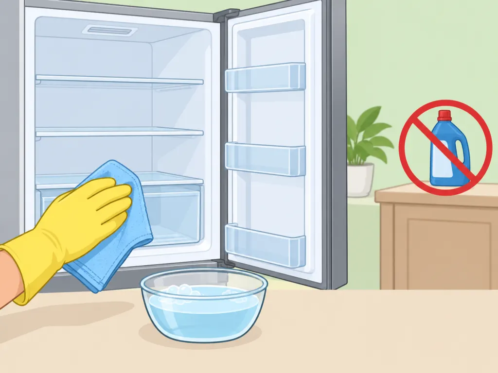 Diluted cleaner used cautiously near a refrigerator gasket without mixing products.