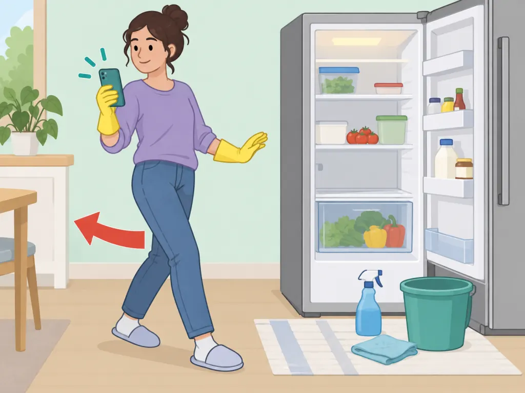 Person stepping away from mold cleanup and using a phone to seek help.