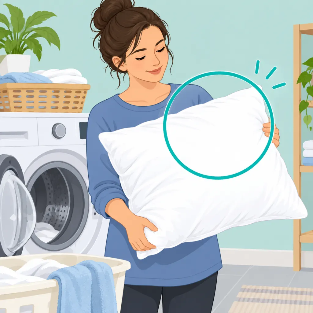 A person holding a clean white bed pillow after washing it.