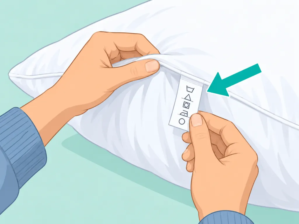 Hands checking the care label on a bed pillow.