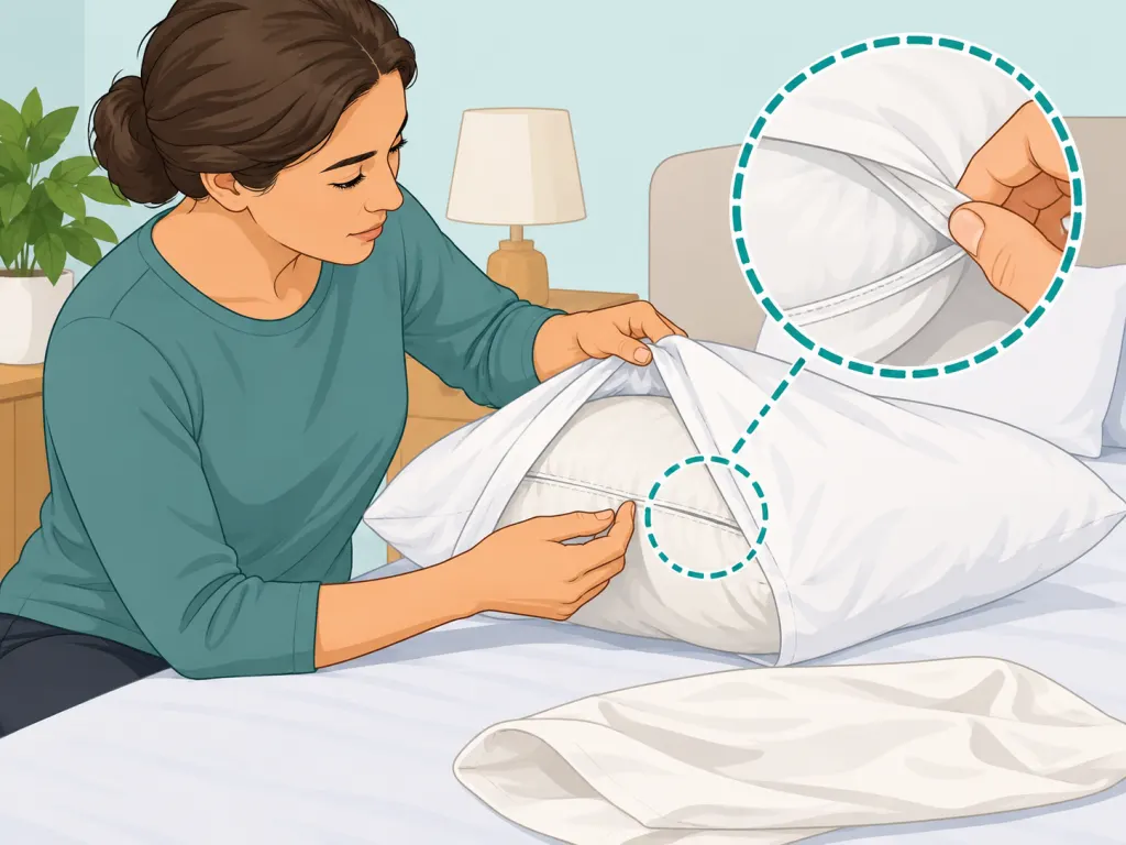 A person removing a pillowcase and checking pillow seams.