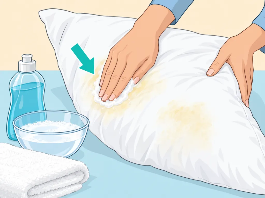Hands pretreating yellowed areas on a white pillow.