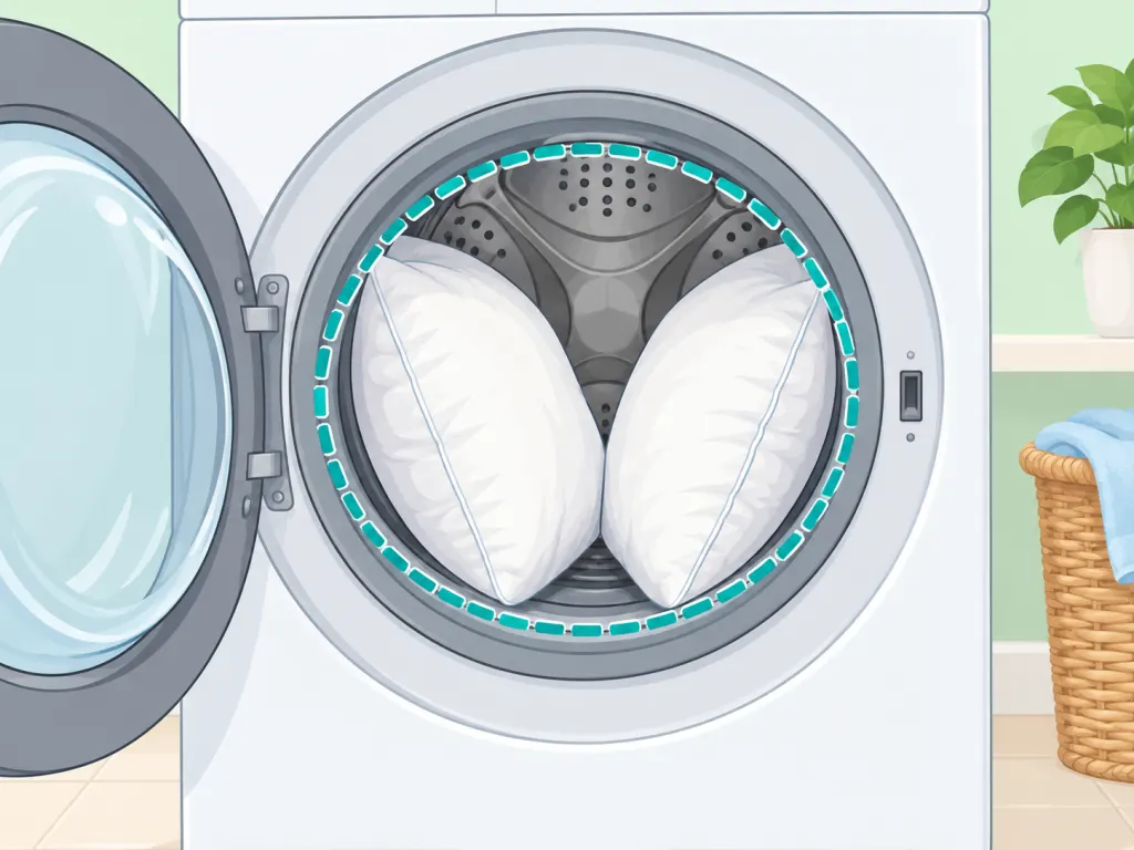 Two bed pillows arranged evenly in a washing machine.