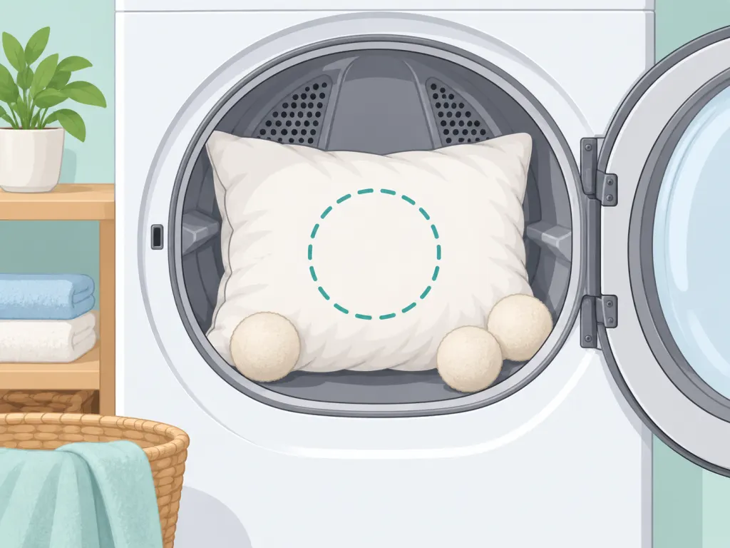 A pillow drying completely in a dryer with dryer balls.