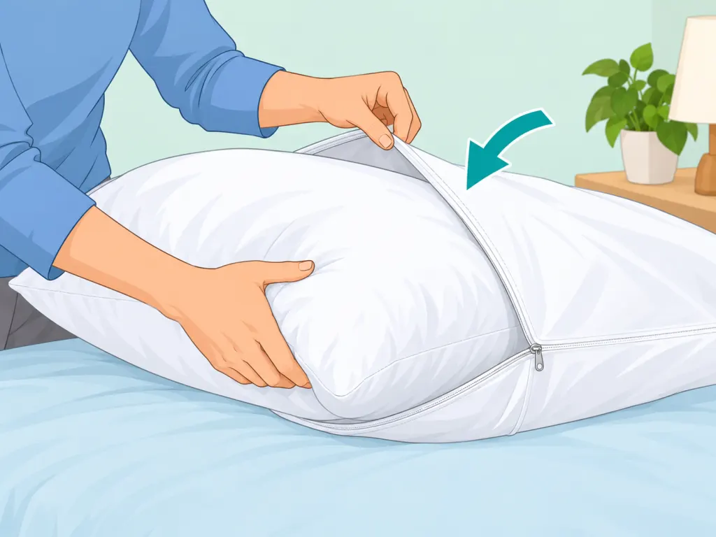 A clean pillow being placed inside a pillow protector.