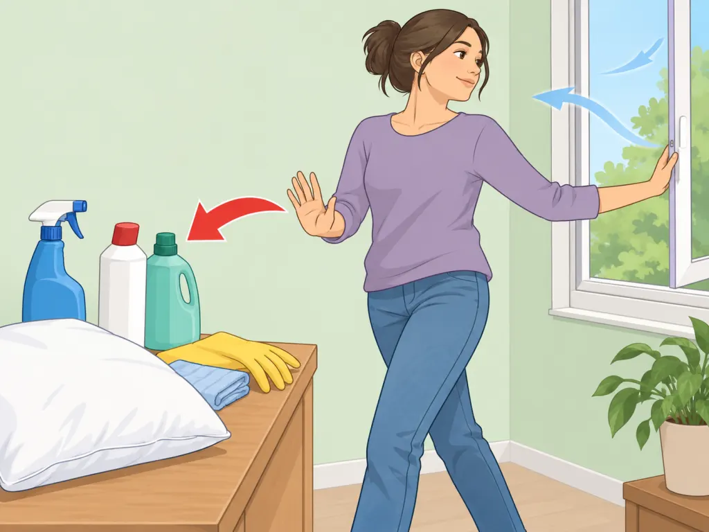 A person moving away from cleaning supplies and opening a window.
