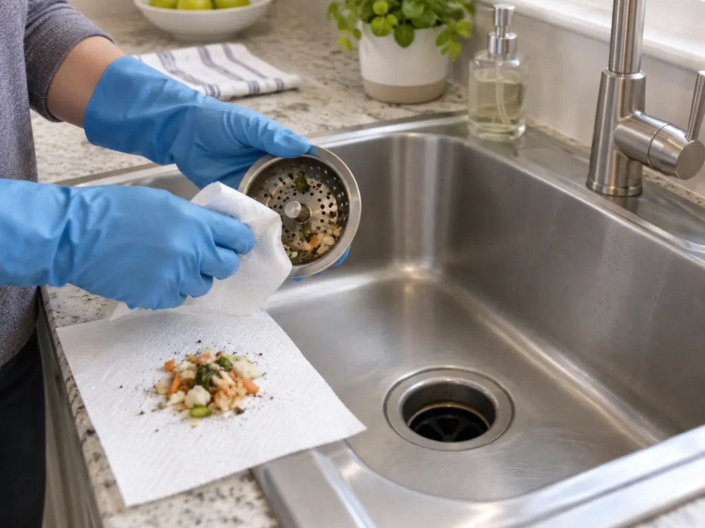Gloved hands cleaning visible debris from a sink drain strainer