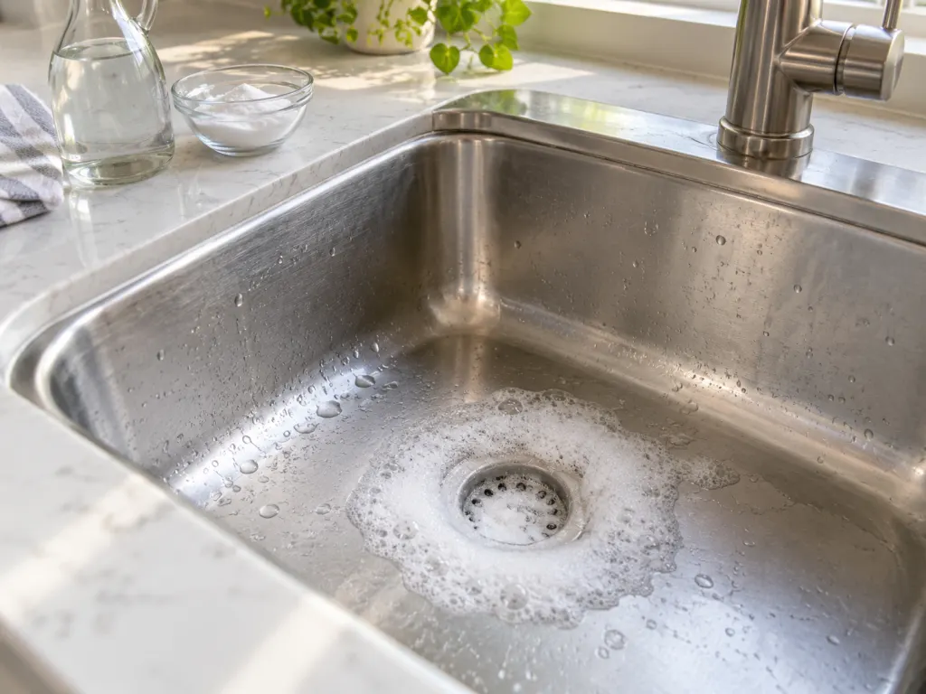 Baking soda and vinegar fizzing gently around a sink drain