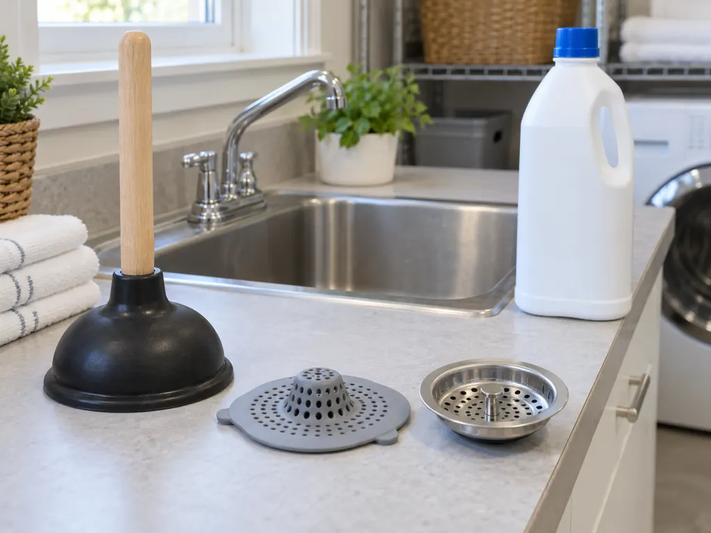 Drain-care tools arranged beside a clean household sink
