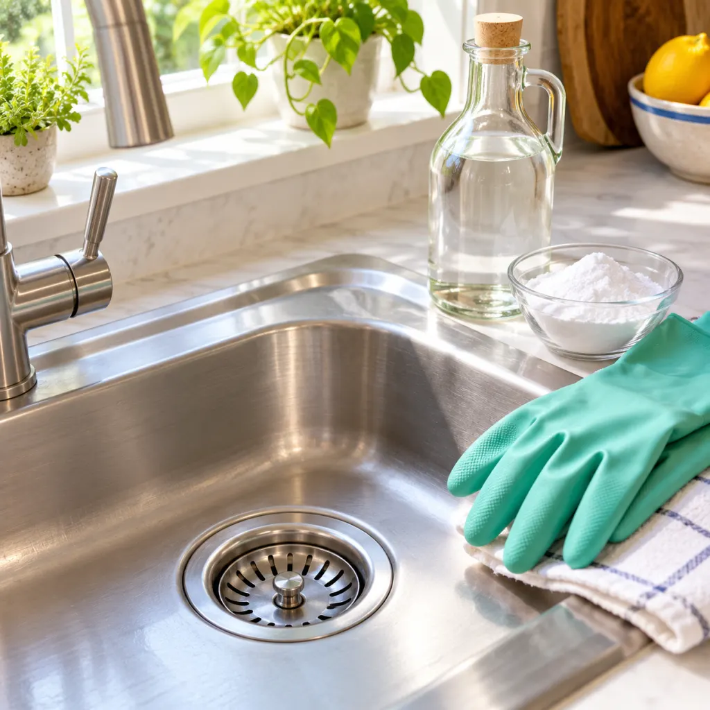 Clean kitchen sink drain with simple household cleaning supplies nearby