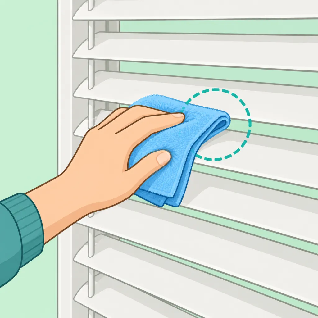 Person using a microfiber cloth to wipe dust from closed horizontal window blind slats.