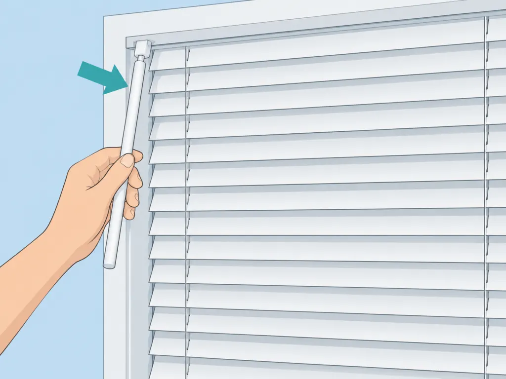 Hand turning the tilt rod to close horizontal blind slats flat before cleaning.