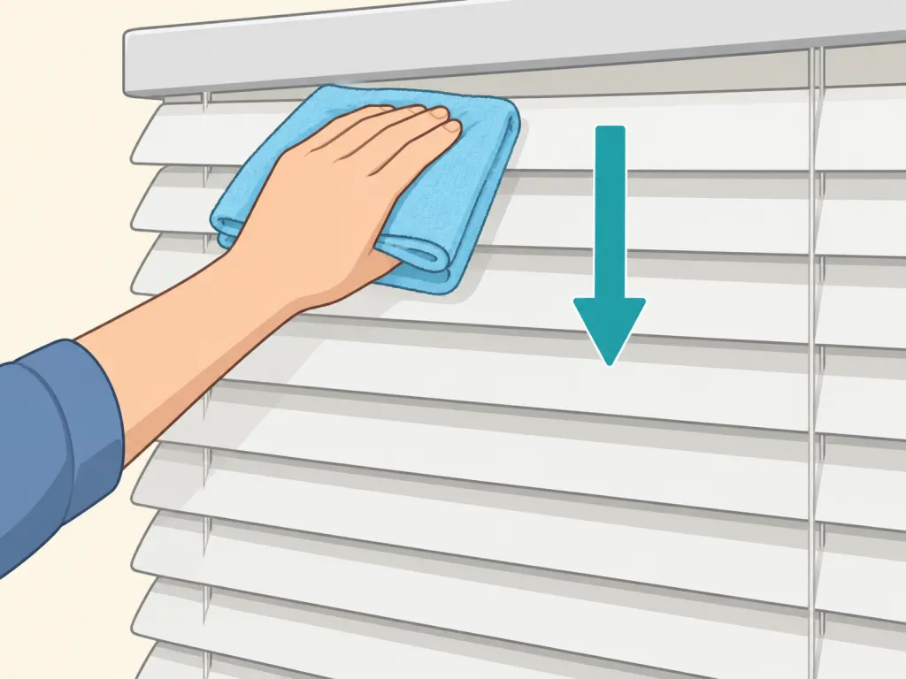 Hand dry-dusting closed blind slats from top to bottom with a folded microfiber cloth.