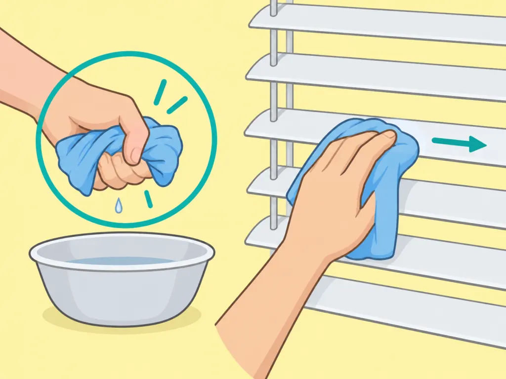 Hand wringing out a cloth until barely damp, then wiping a grimy blind slat end to end.