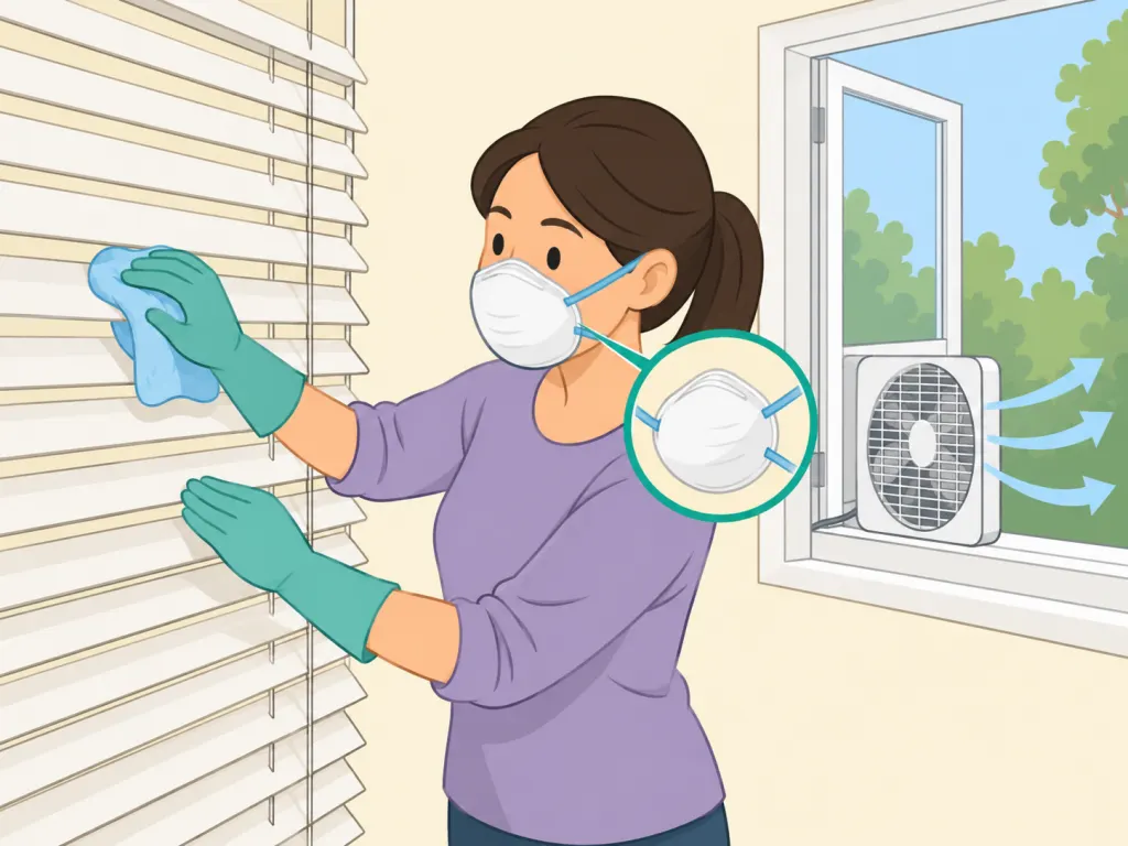 Person wearing a dust mask while cleaning blinds with a window open for ventilation.