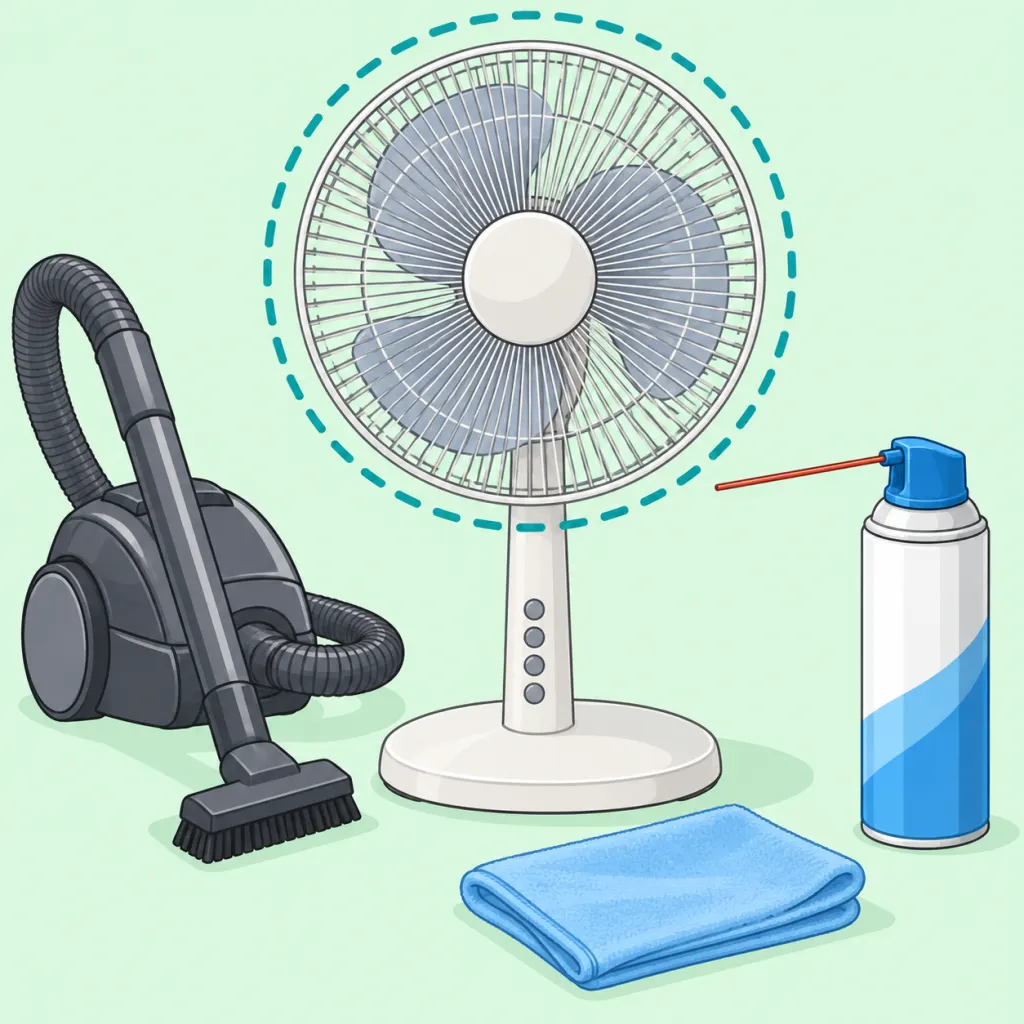 Illustration of a pedestal fan surrounded by cleaning tools: a vacuum with brush attachment, a compressed air can, and a microfiber cloth.