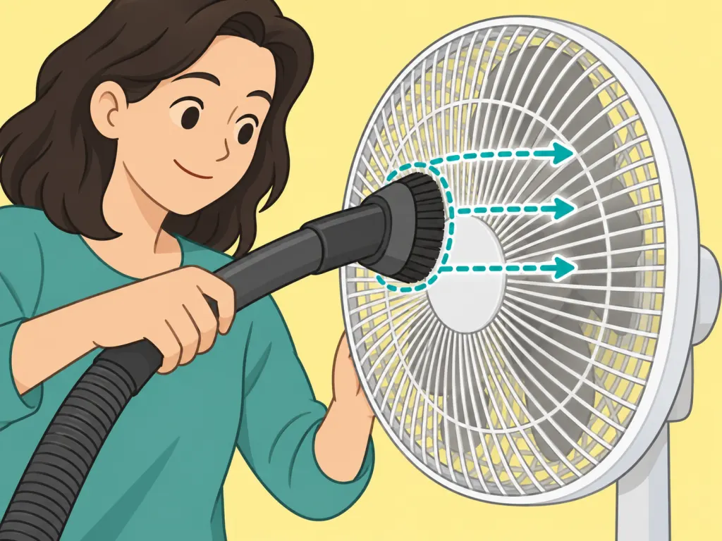 Vacuum brush attachment working across a fan grille to remove loose dust.