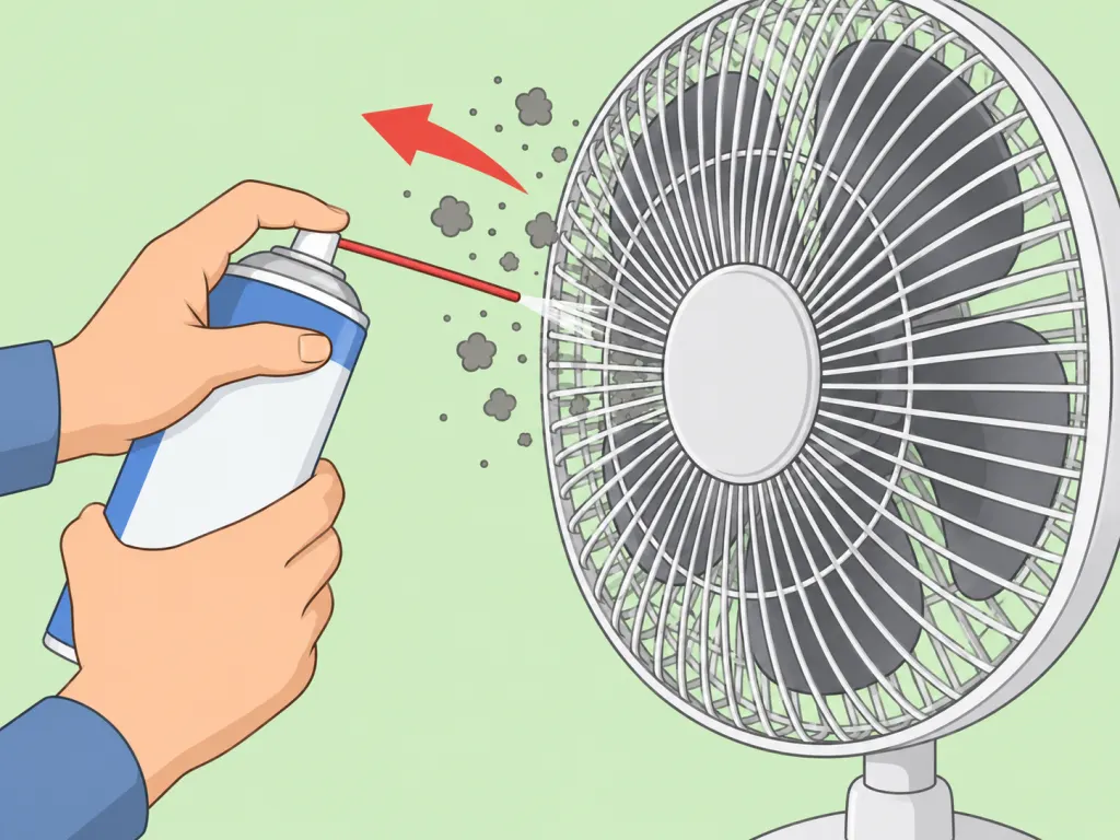 Compressed air can blasting dust particles out from between fan grille bars.